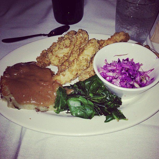 Vegan AFC – mashed potatoes, greens, cole slaw, and veggie chicken. #jalroadtrip