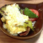 Potato halves with eggs and a green child. And a slice of tomato and avocado on the side. And day 2 of the road trip begins #jalroadtrip